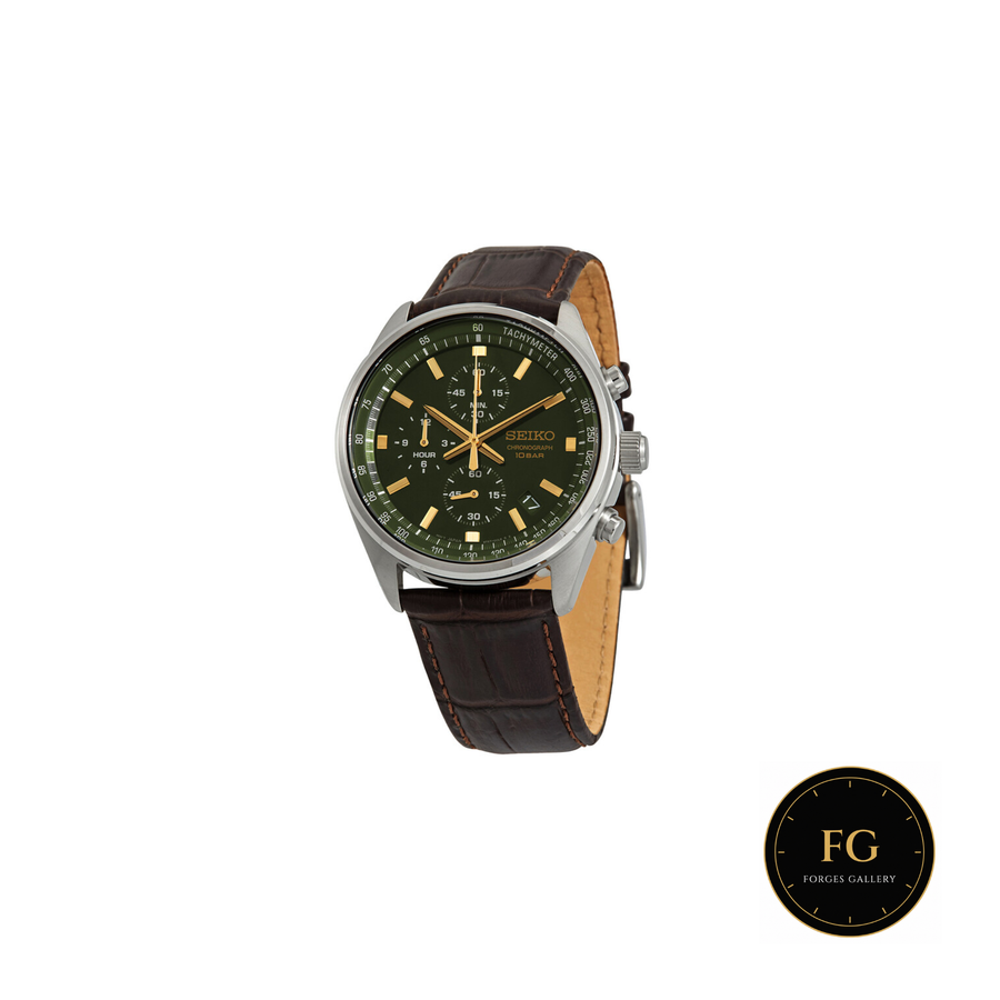 Seiko Cronógrafo SSB385 · Esfera verde · Correa de cuero